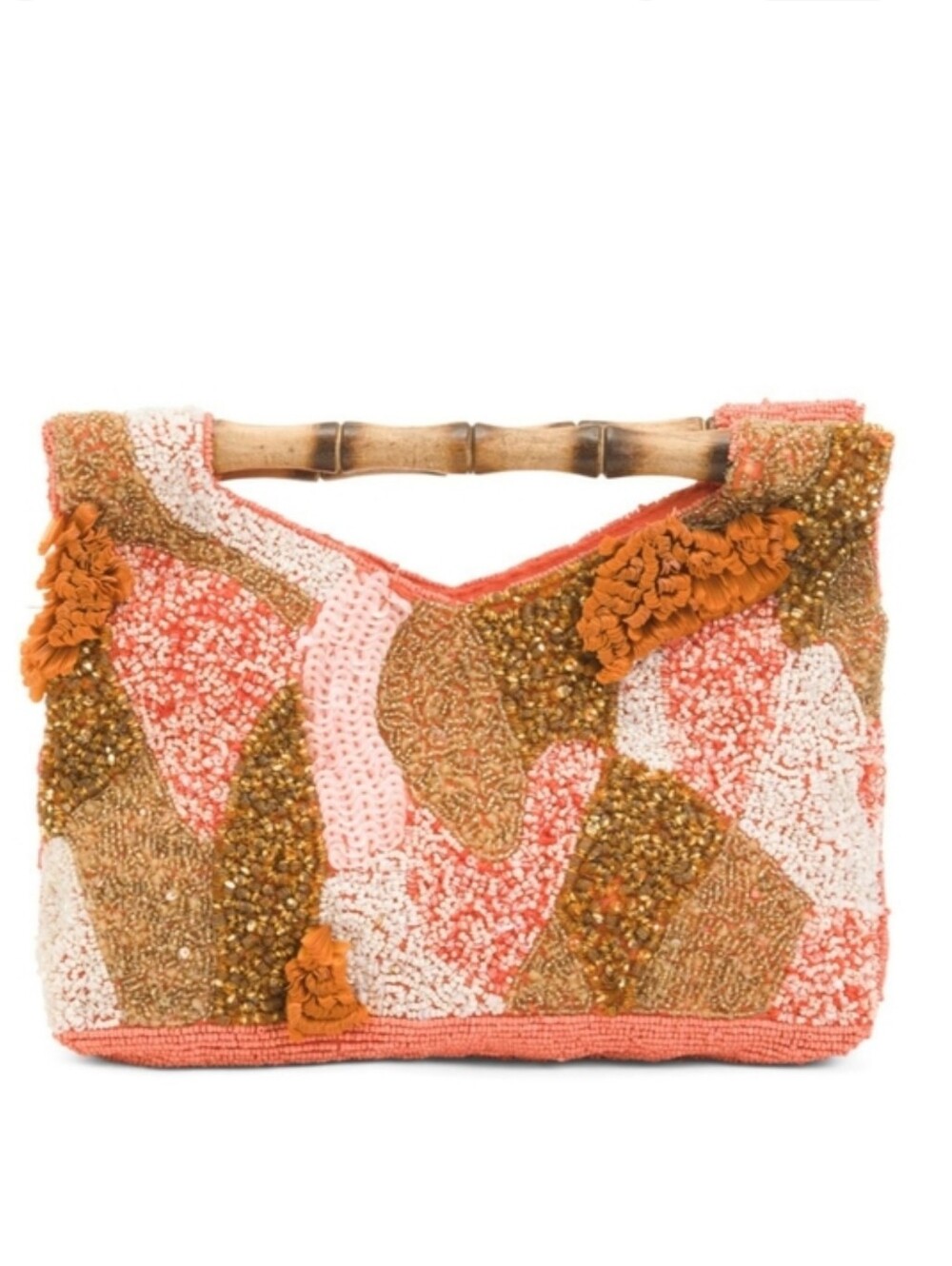Hand Beaded Artisan Beaded Coral and Tan Shoulder Bag with Bamboo Handle